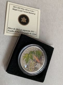 Серебряная монета Канады. Кленовый лист с хрусталь