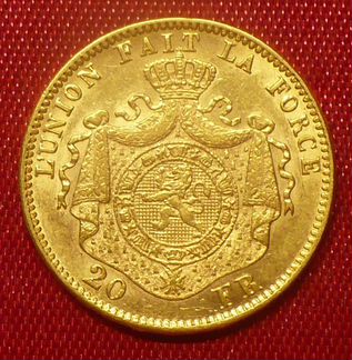 Бельгия,20 франков 1875 г. Золото