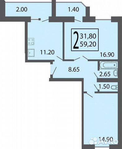 2-к квартира, 59.2 м², 5/9 эт.