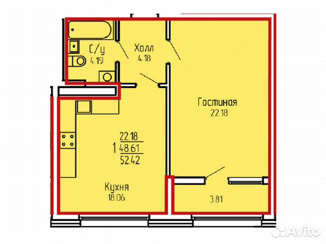 1-к квартира, 52.4 м², 11/19 эт. 1-к квартира, 52.4 м², 11/19 эт.