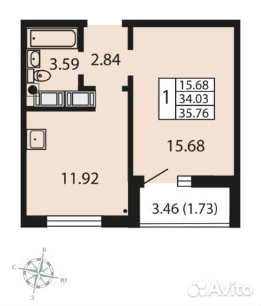1-к квартира, 35.7 м², 19/24 эт.