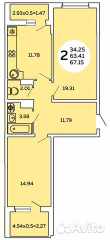 2-к квартира, 66.4 м², 6/14 эт.
