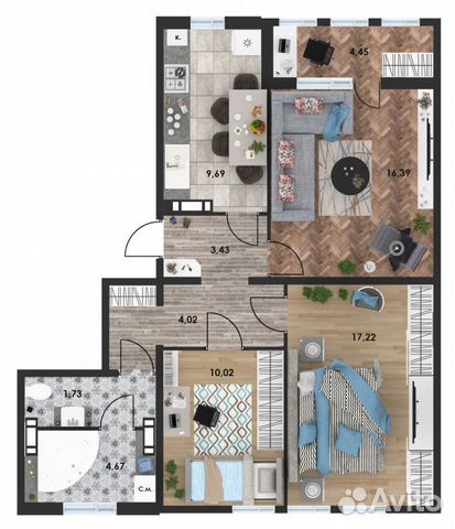 3-к квартира, 73.3 м², 9/10 эт.