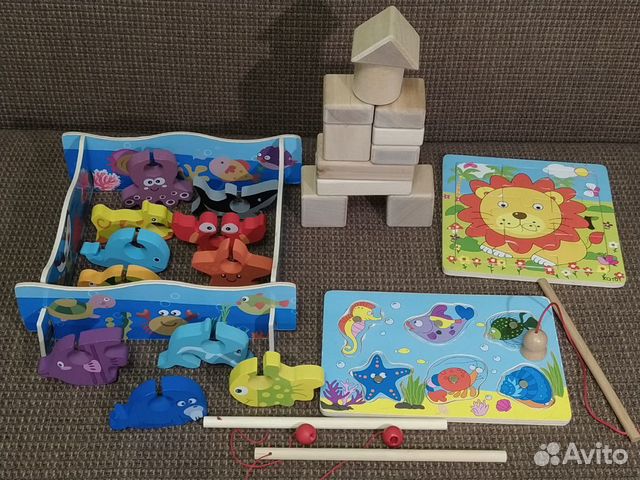 Деревянные игрушки пакетом, рыбалка, кубики