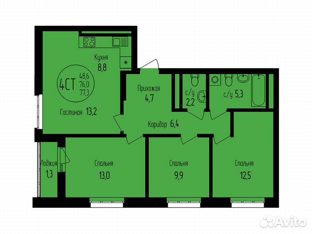 4-к квартира, 77.3 м², 18/24 эт. 4-к квартира, 77.3 м², 18/24 эт.