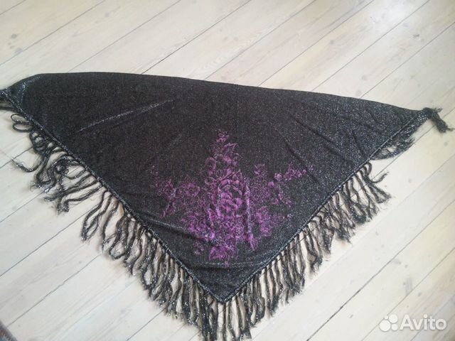 Шарф Косынка Черный Серебро Люрекс Япония Розы