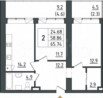 2-к. апартаменты, 59 м², 7/12 эт.