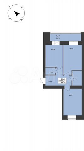 2-к. квартира, 53,4 м², 6/8 эт.