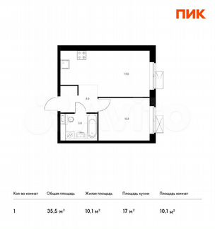 1-к квартира, 35.5 м², 6/17 эт.