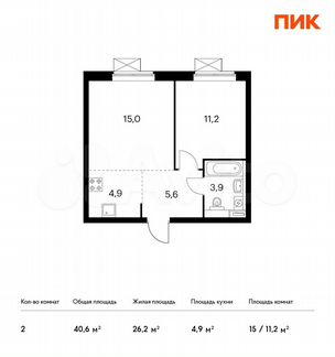2-к квартира, 40.6 м², 2/33 эт.