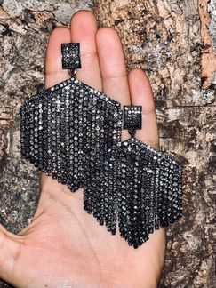 Чёрные Серьги из страз серебро