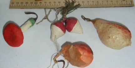 Елочная игрушка Груша,гриб,редис,персик Папье-маше