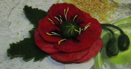 Брошка из шерсти, мак, большая