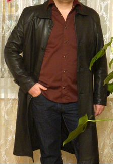 Стильный мужской кожаный плащ длинный, новый