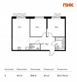 2-к квартира, 61.1 м², 14/24 эт.