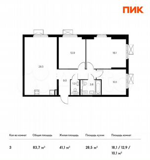 3-к квартира, 83.7 м², 4/33 эт.