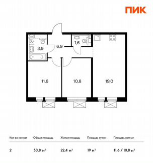 2-к квартира, 53.8 м², 8/17 эт.