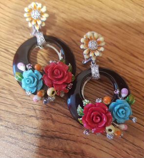 Серьги. Коралл, оникс, фианиты,бирюза.Серебро 925